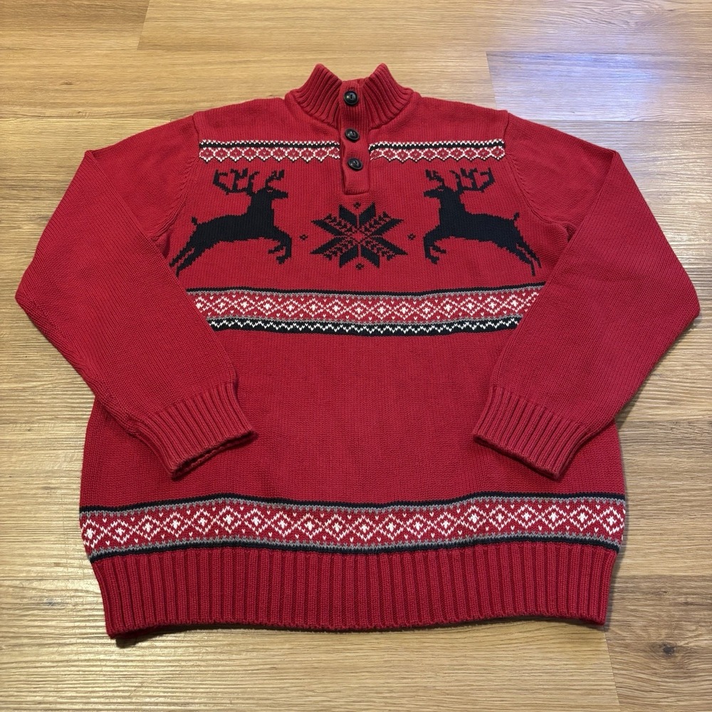 Chaps Sweater Mens Small Red Reindeer Nordic 1/4‎ Button Cotton Holiday Stretch